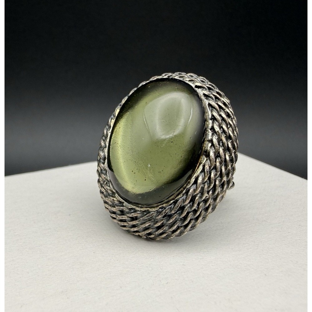 Vintage Artisan Green Glass Cabochon Statement Ring Adjustable Silver Tone Band